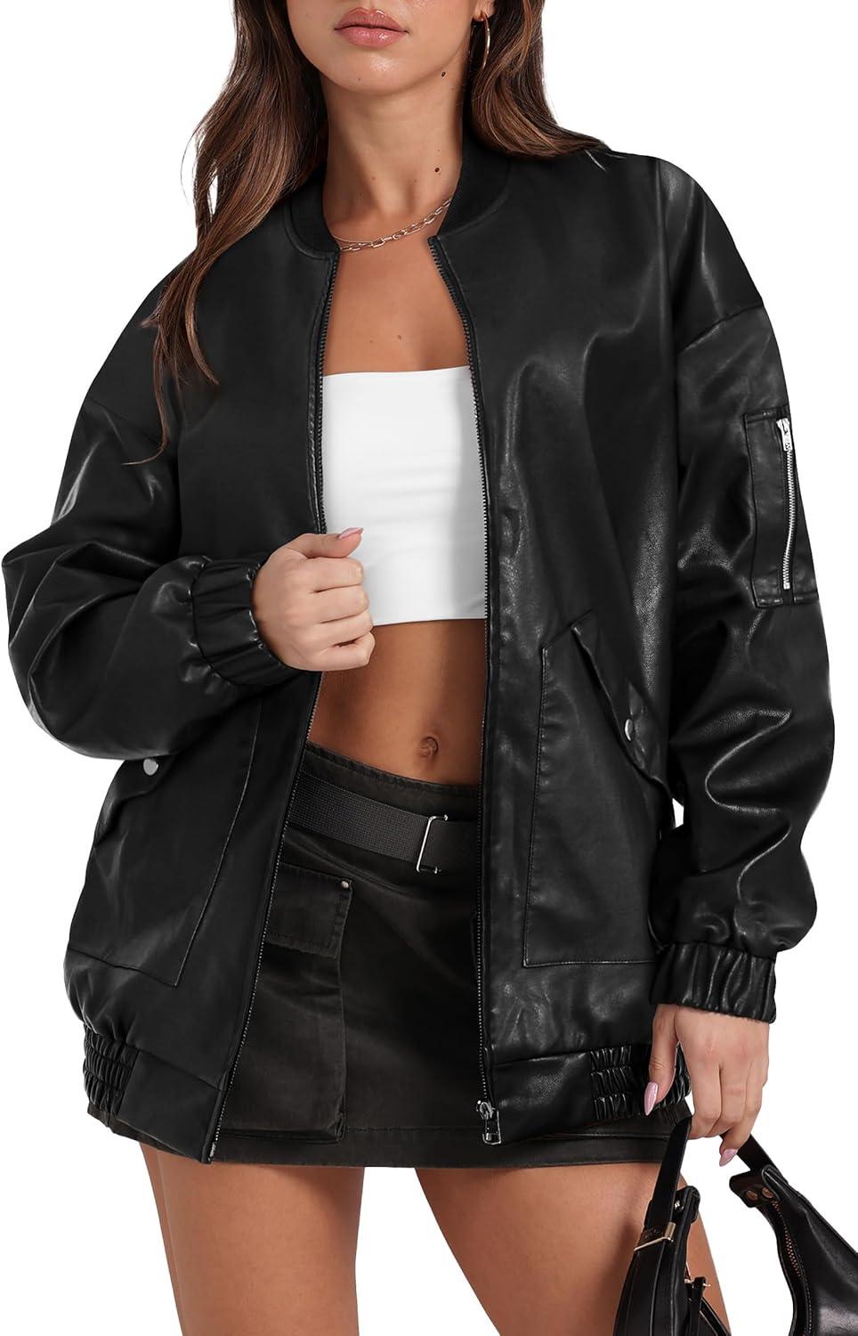 imageXIEERDUO Faux Leather Jacket Women Oversized Motorcycle Bomber Coats Zip Up Sleeve Pocket 2025 Fall Winter ClothesBlack