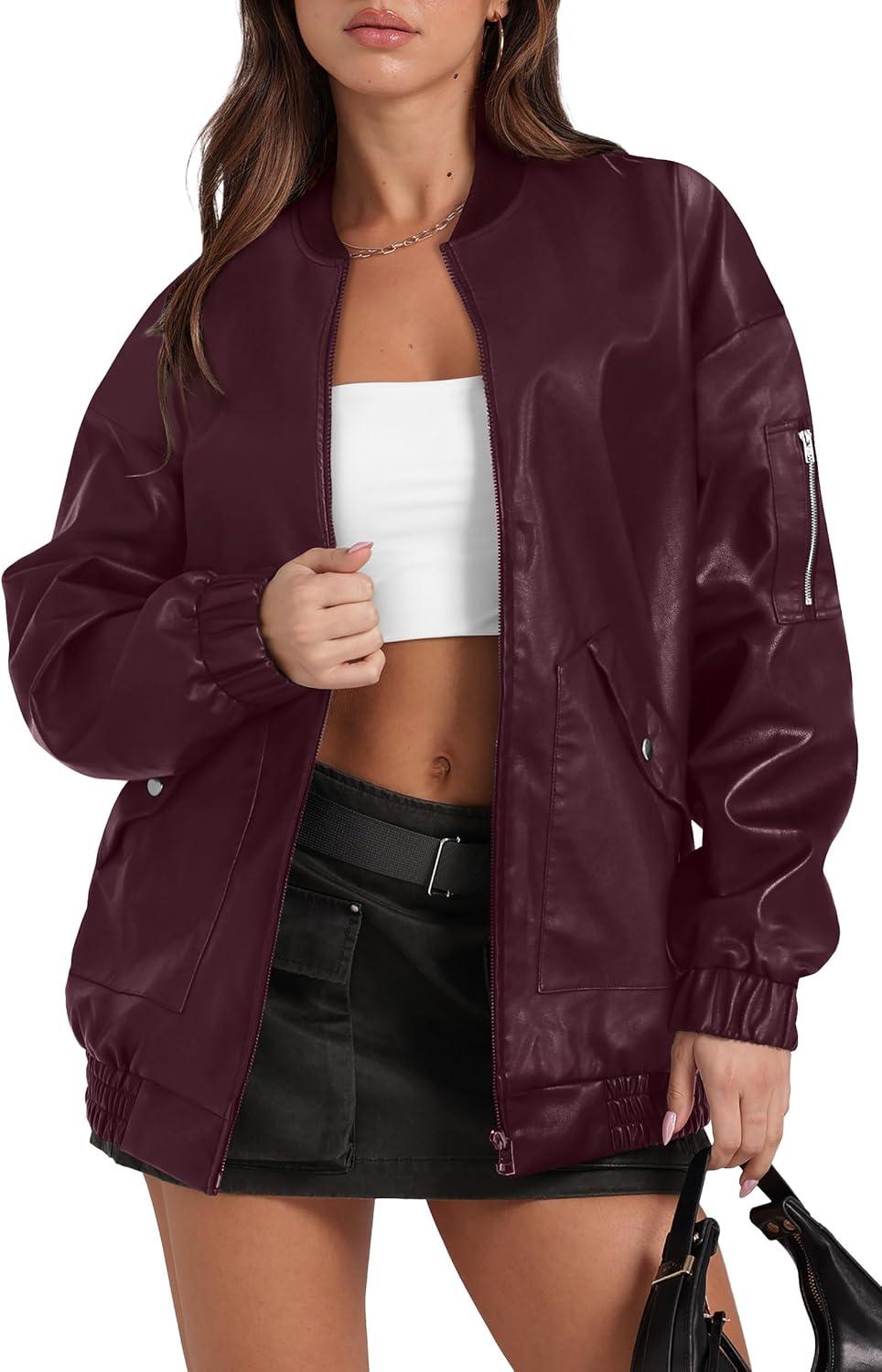 imageXIEERDUO Faux Leather Jacket Women Oversized Motorcycle Bomber Coats Zip Up Sleeve Pocket 2025 Fall Winter ClothesBurgundy