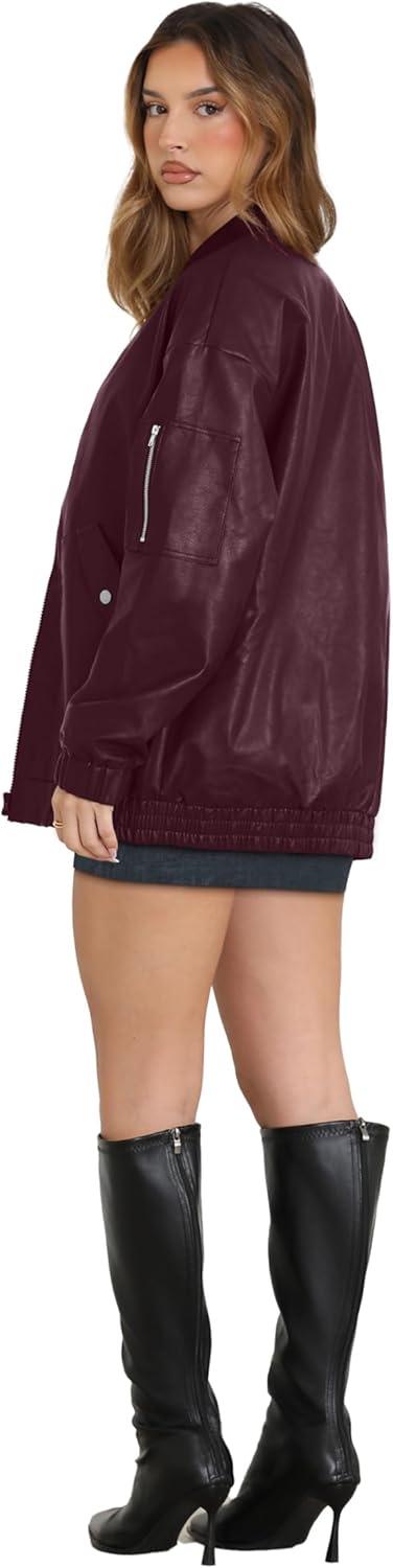 imageXIEERDUO Faux Leather Jacket Women Oversized Motorcycle Bomber Coats Zip Up Sleeve Pocket 2025 Fall Winter ClothesBurgundy