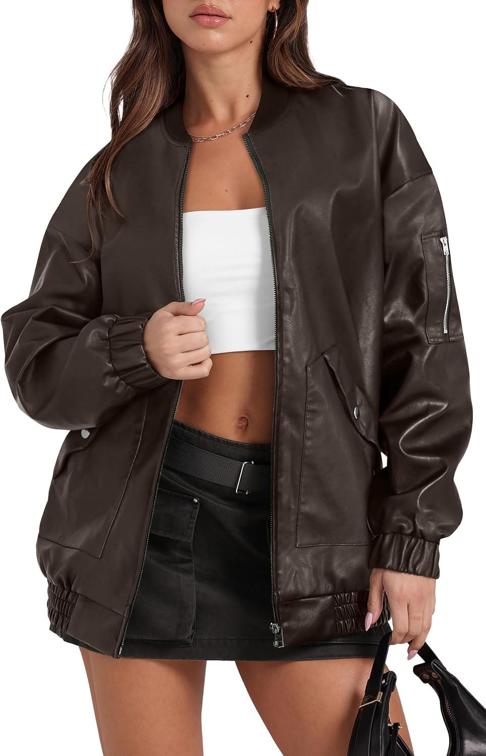 imageXIEERDUO Faux Leather Jacket Women Oversized Motorcycle Bomber Coats Zip Up Sleeve Pocket 2025 Fall Winter ClothesCoffee