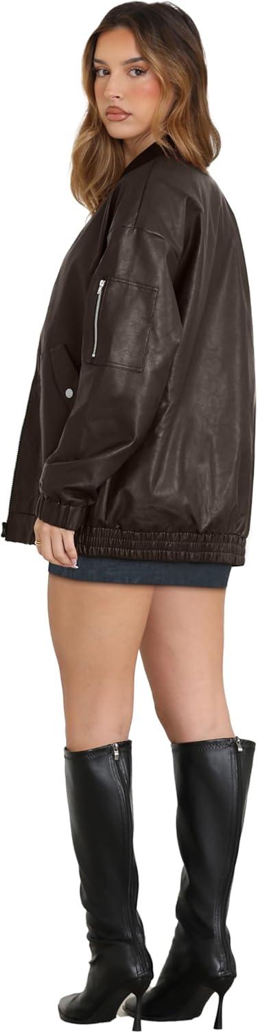 imageXIEERDUO Faux Leather Jacket Women Oversized Motorcycle Bomber Coats Zip Up Sleeve Pocket 2025 Fall Winter ClothesCoffee