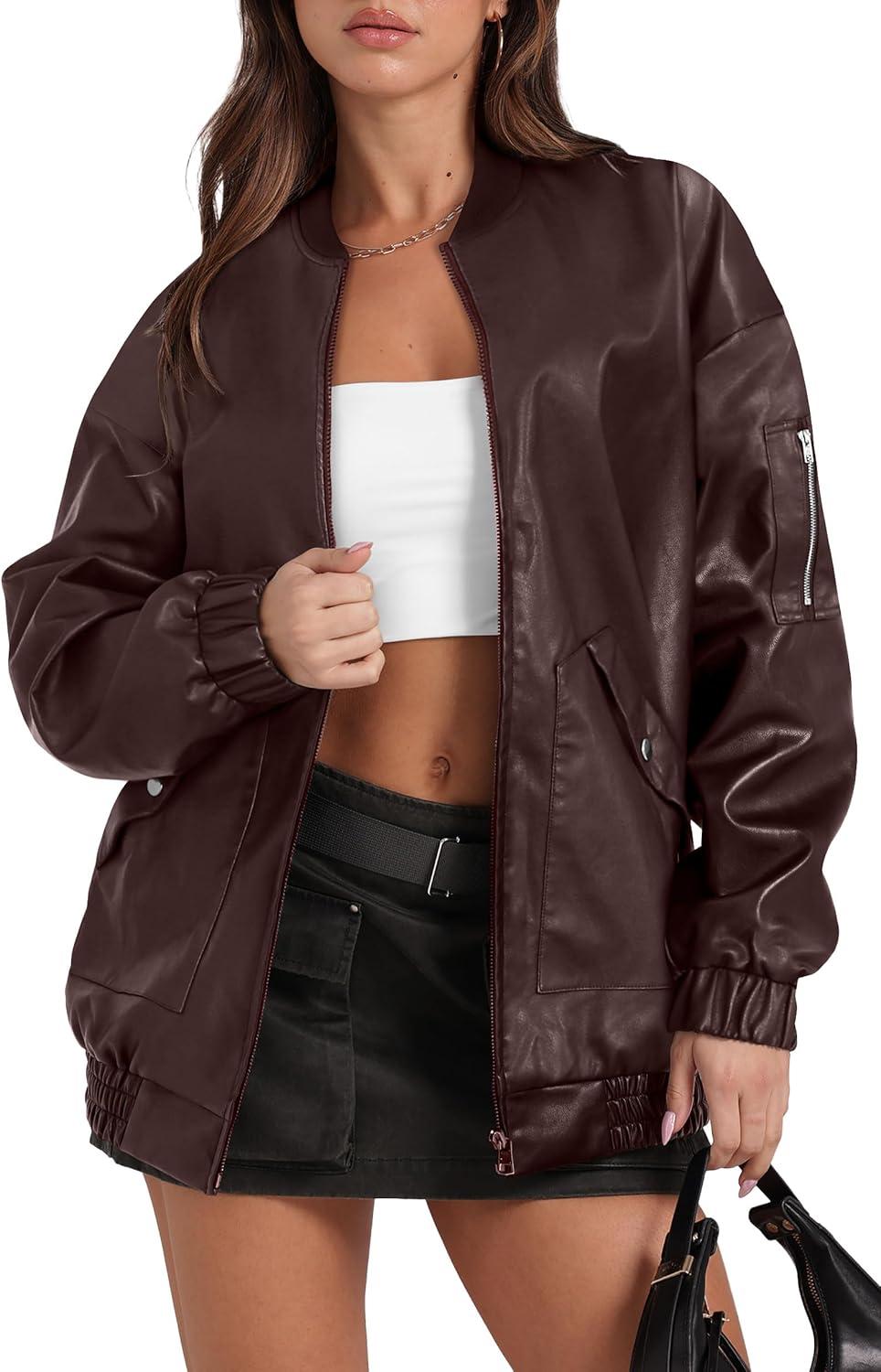 imageXIEERDUO Faux Leather Jacket Women Oversized Motorcycle Bomber Coats Zip Up Sleeve Pocket 2025 Fall Winter ClothesDark Coffee