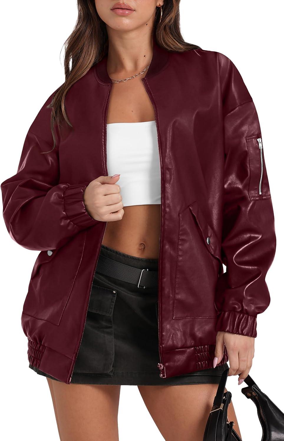 imageXIEERDUO Faux Leather Jacket Women Oversized Motorcycle Bomber Coats Zip Up Sleeve Pocket 2025 Fall Winter ClothesRed