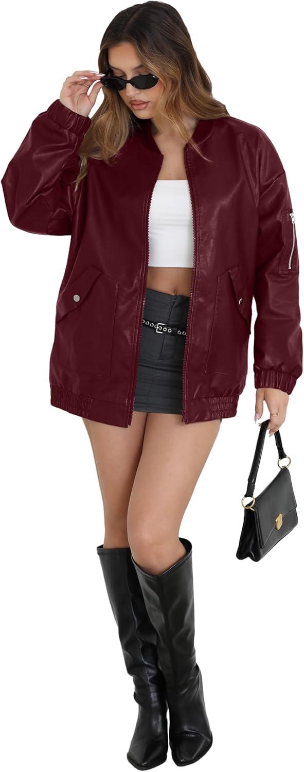 imageXIEERDUO Faux Leather Jacket Women Oversized Motorcycle Bomber Coats Zip Up Sleeve Pocket 2025 Fall Winter ClothesRed