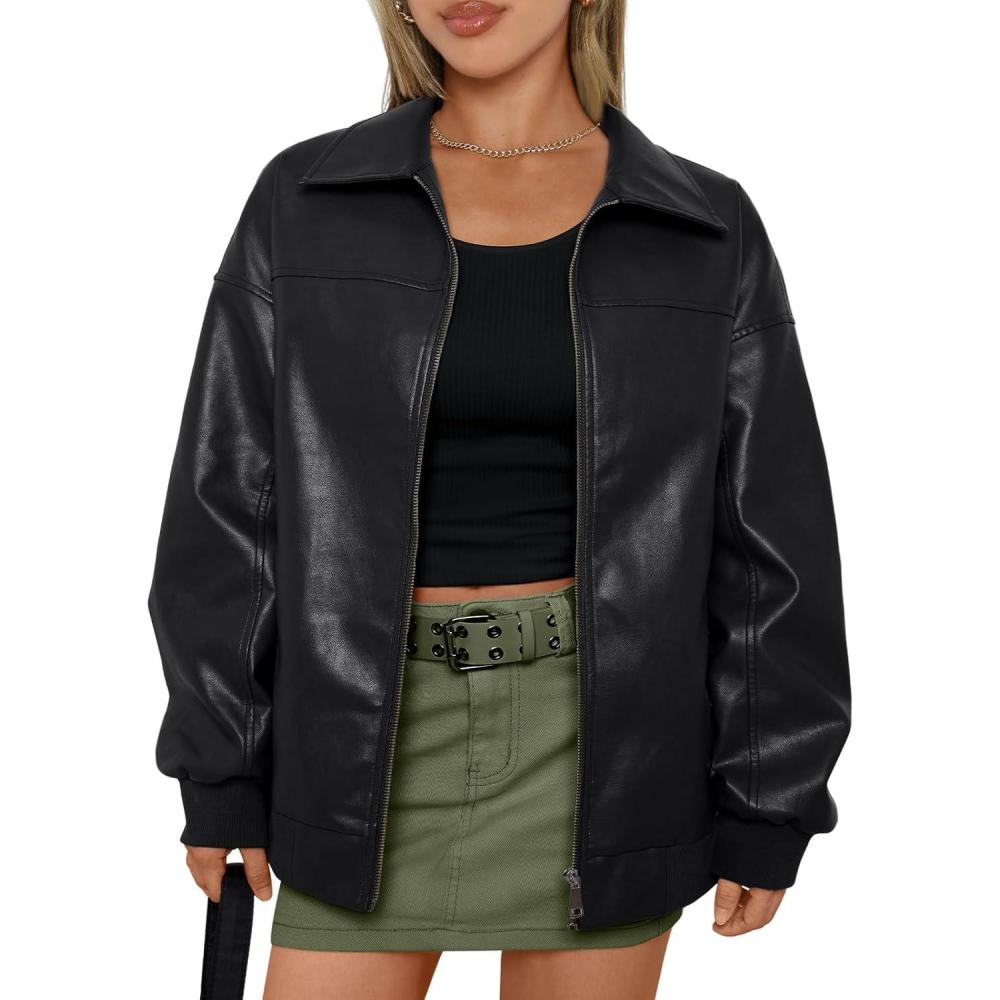 imageAUTOMET Womens Oversized Leather Jackets Zip Up Coats Faux Motorcycle Bomber Outfits Fall Trendy Fashion Winter Clothes 2026Black