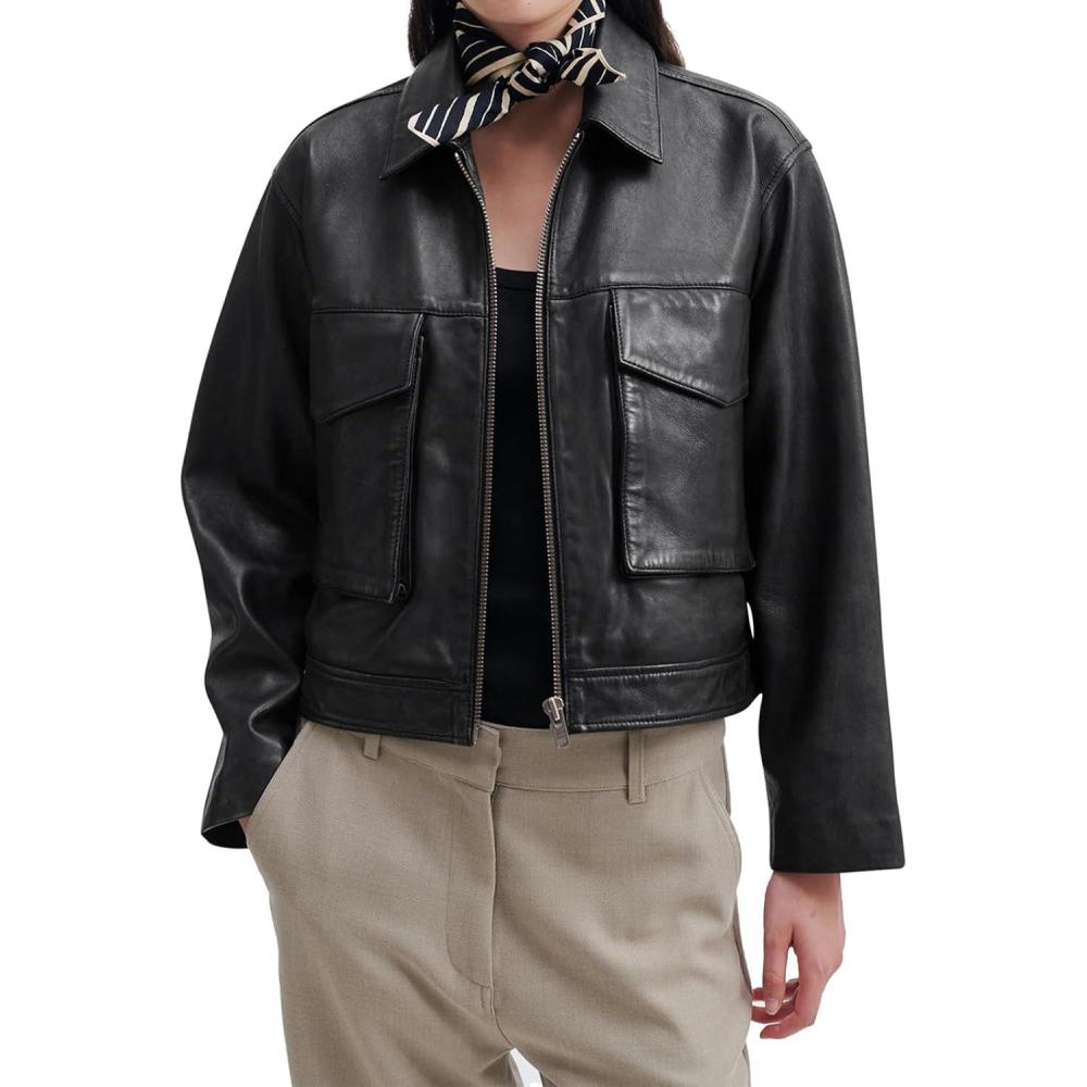 imageBZB Womens Faux Leather Motorcycle Jacket 2026 Trendy Pockets Bomber Zip Up Cropped Jackets Coat OuterwearBlack