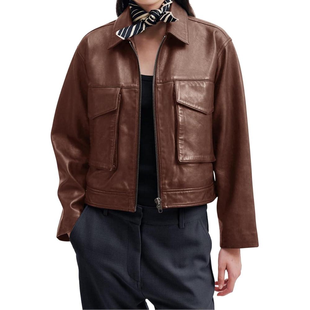 imageBZB Womens Faux Leather Motorcycle Jacket 2026 Trendy Pockets Bomber Zip Up Cropped Jackets Coat OuterwearBrown