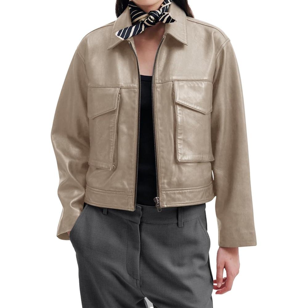 imageBZB Womens Faux Leather Motorcycle Jacket 2026 Trendy Pockets Bomber Zip Up Cropped Jackets Coat OuterwearKhaki