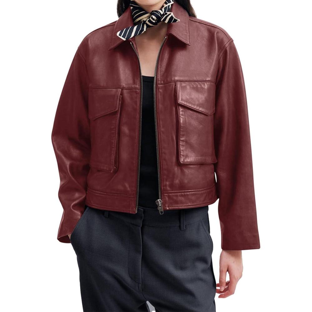 imageBZB Womens Faux Leather Motorcycle Jacket 2026 Trendy Pockets Bomber Zip Up Cropped Jackets Coat OuterwearWine Red