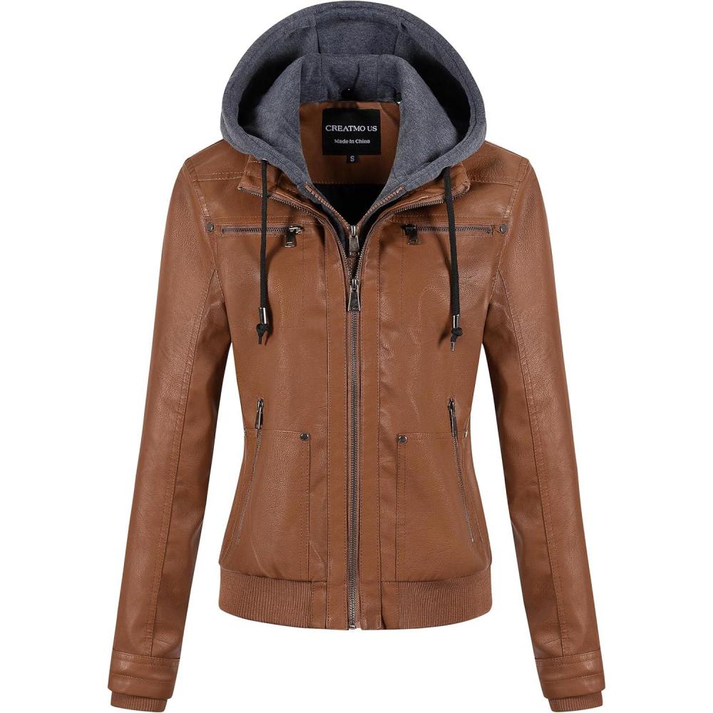imageCREATMO US Womens Faux Leather Jacket Waterproof Motorcycle Bomber Jacket Vintage PU Moto Biker Coat With Removable HoodBrown