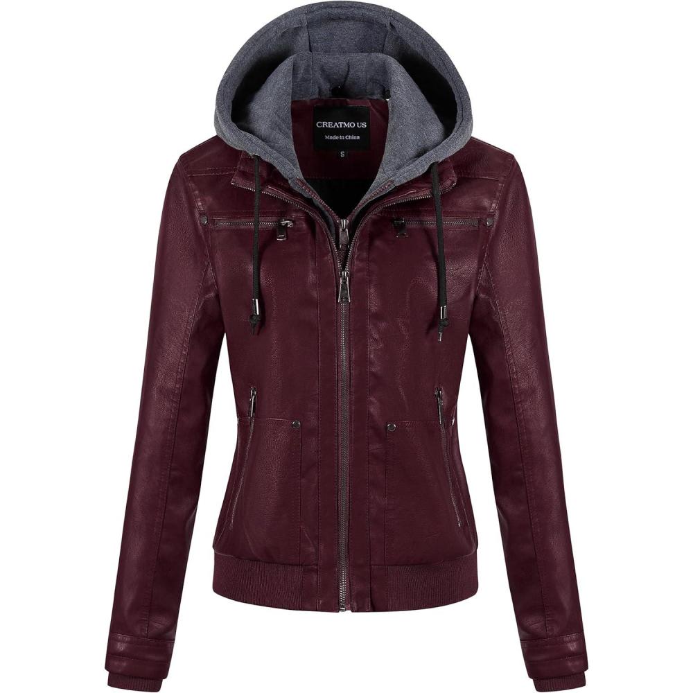 imageCREATMO US Womens Faux Leather Jacket Waterproof Motorcycle Bomber Jacket Vintage PU Moto Biker Coat With Removable HoodBurgundy
