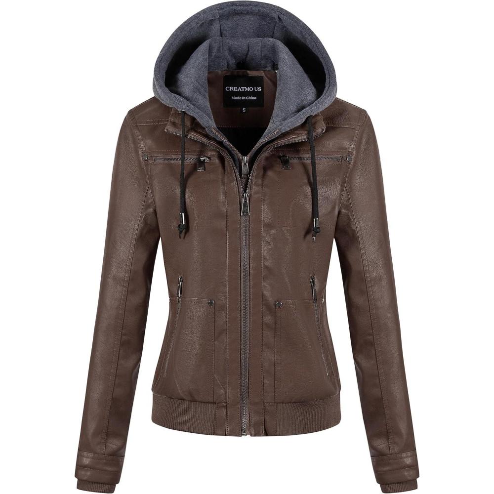 imageCREATMO US Womens Faux Leather Jacket Waterproof Motorcycle Bomber Jacket Vintage PU Moto Biker Coat With Removable HoodCoffee
