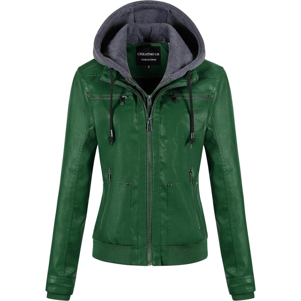 imageCREATMO US Womens Faux Leather Jacket Waterproof Motorcycle Bomber Jacket Vintage PU Moto Biker Coat With Removable HoodGreen