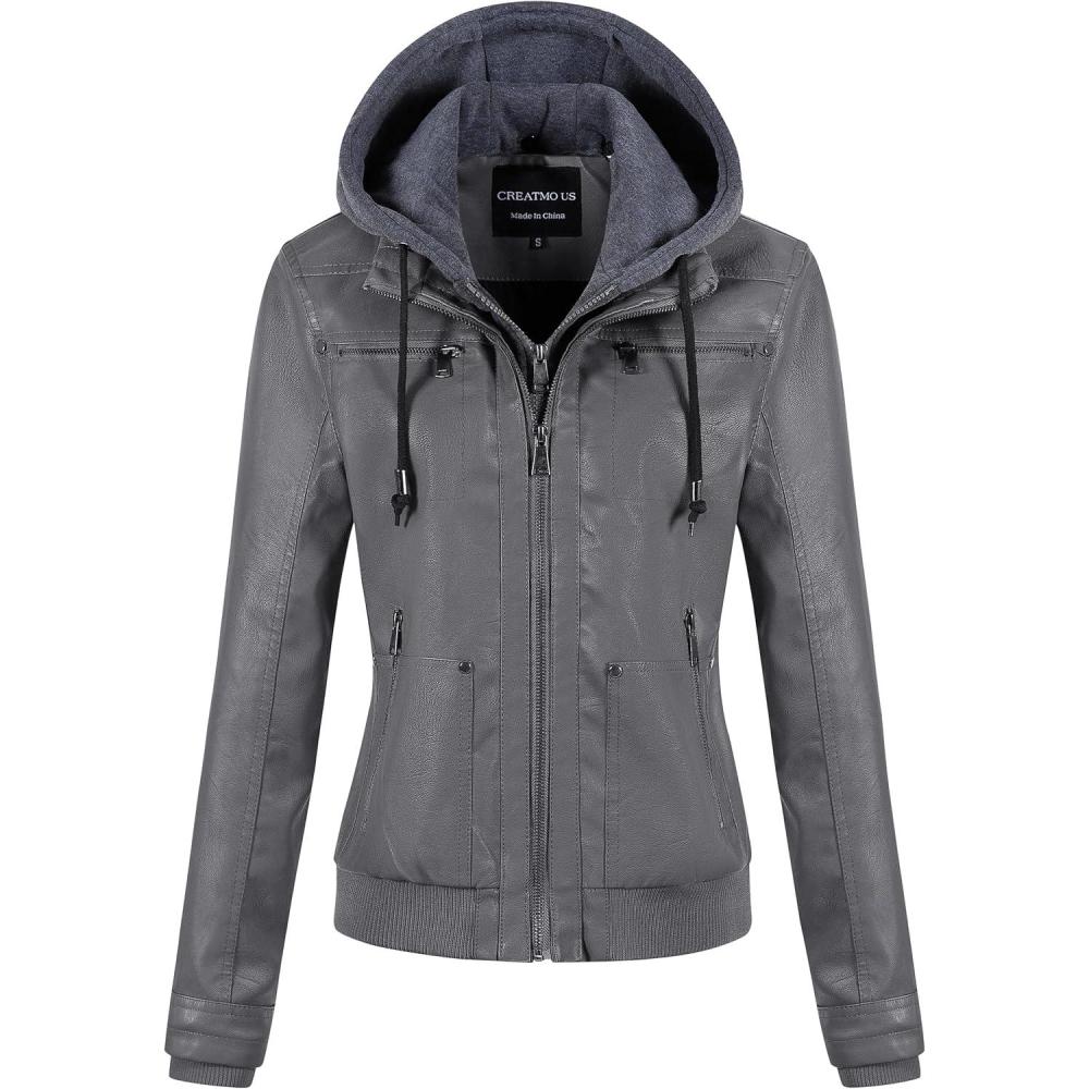 imageCREATMO US Womens Faux Leather Jacket Waterproof Motorcycle Bomber Jacket Vintage PU Moto Biker Coat With Removable HoodGrey