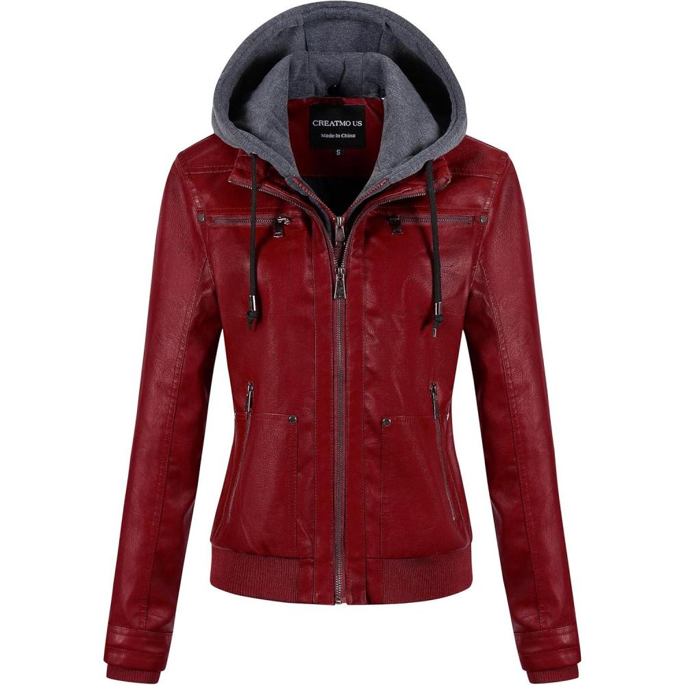 imageCREATMO US Womens Faux Leather Jacket Waterproof Motorcycle Bomber Jacket Vintage PU Moto Biker Coat With Removable HoodRed