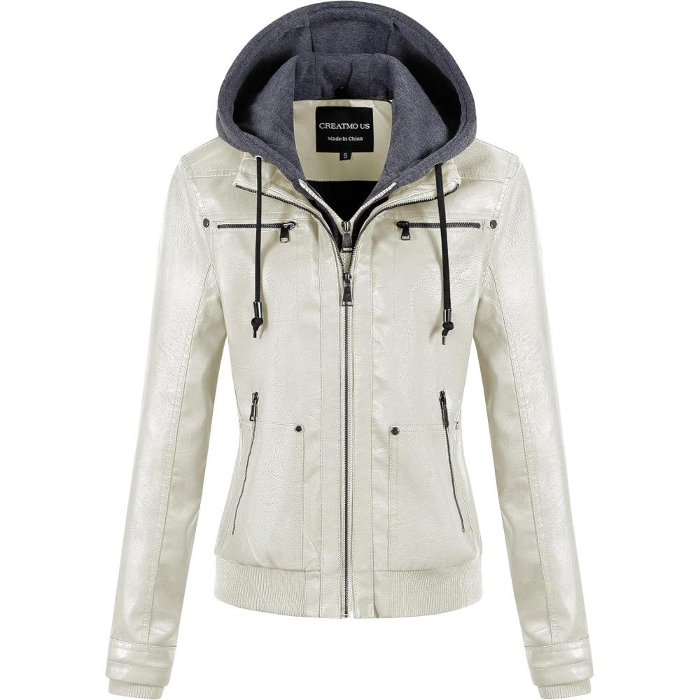 imageCREATMO US Womens Faux Leather Jacket Waterproof Motorcycle Bomber Jacket Vintage PU Moto Biker Coat With Removable HoodWhite