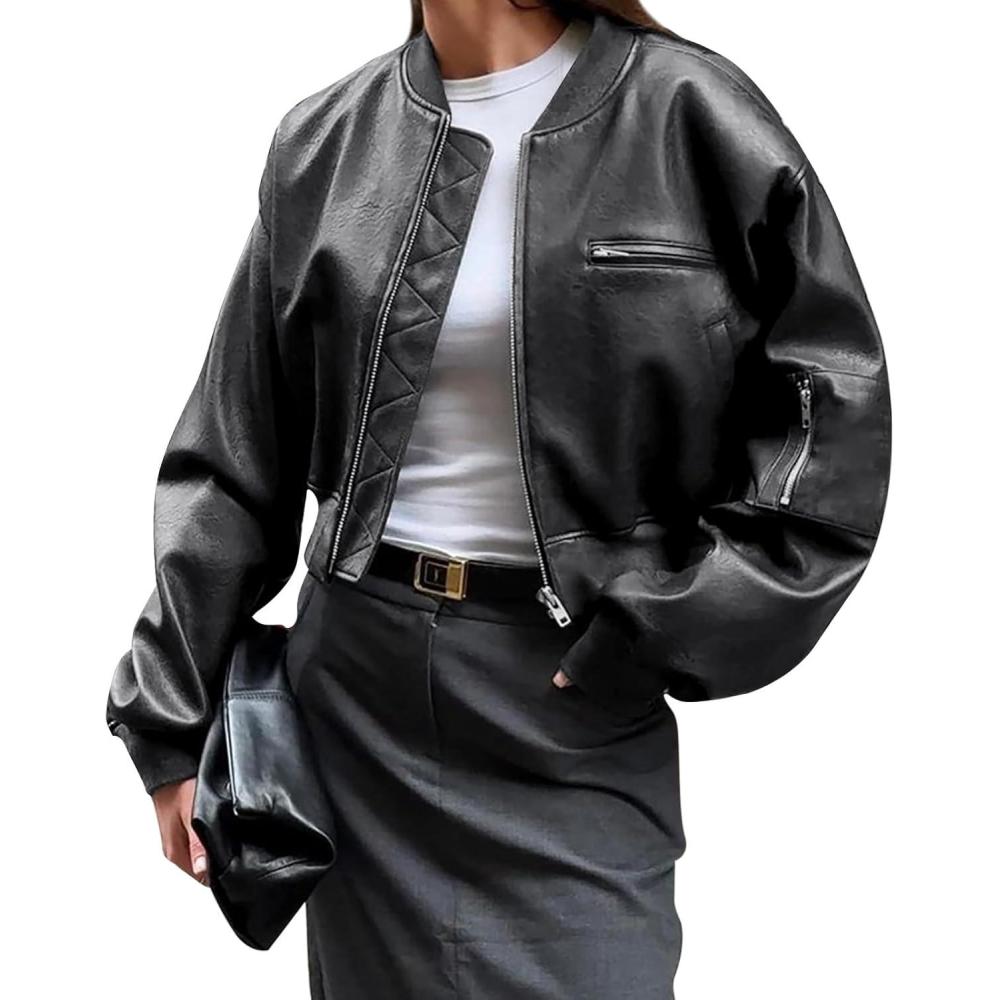 imageCicy Bell Womens Faux Leather Bomber Jackets Baseball Collar Zip Up Cropped Biker Coat with PocketsBlack