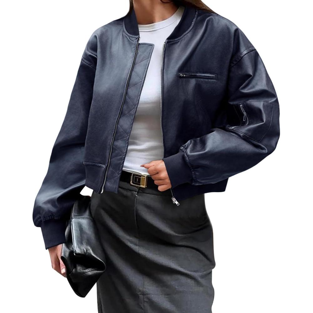 imageCicy Bell Womens Faux Leather Bomber Jackets Baseball Collar Zip Up Cropped Biker Coat with PocketsDark Blue
