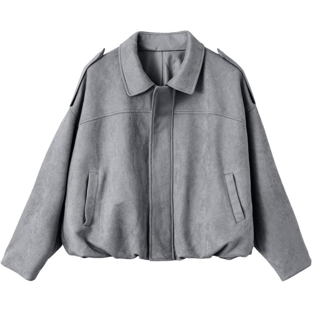 imageEVALESS Womens Faux Suede Bomber Jackets Long Sleeve Spring Coats Zip Up Cropped Jacket Trendy Outerwear with PocketsMedium Grey