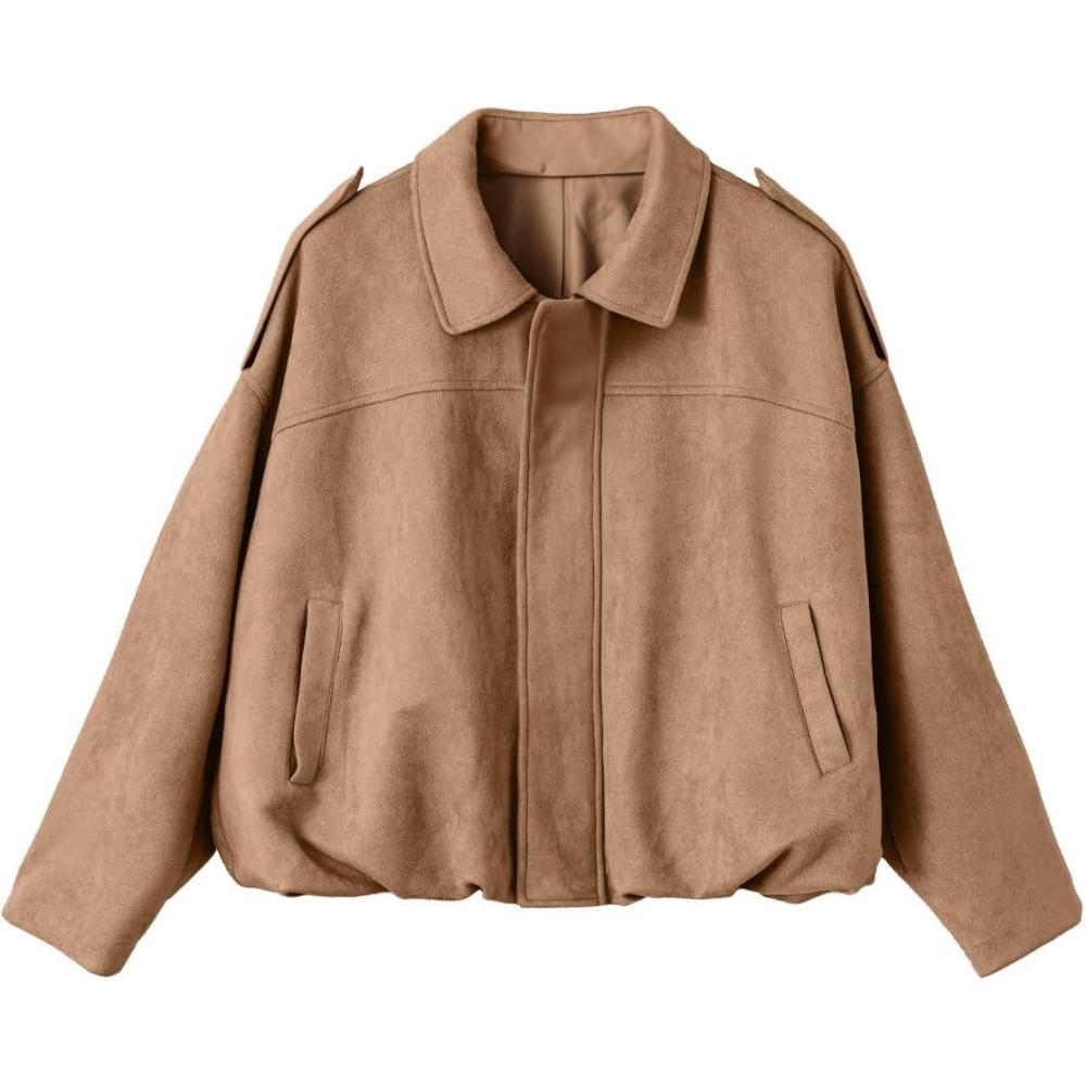 imageEVALESS Womens Faux Suede Bomber Jackets Long Sleeve Spring Coats Zip Up Cropped Jacket Trendy Outerwear with PocketsPale Khaki