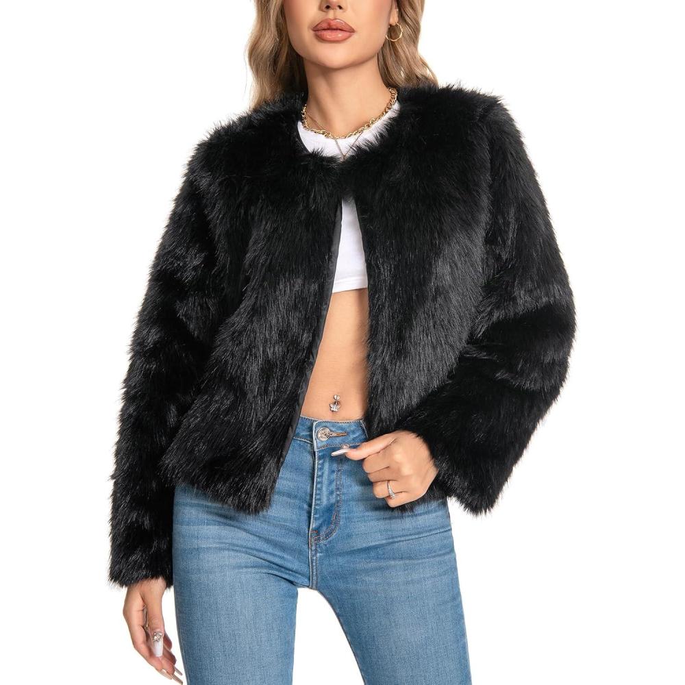 imageFur Coats For Women 2025 Plus Size Faux Fuzzy Jacket Fluffy Long Sleeve Winter Coat with PocketsBlack