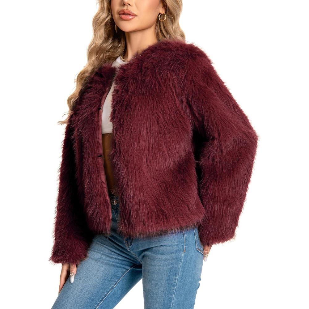 imageFur Coats For Women 2025 Plus Size Faux Fuzzy Jacket Fluffy Long Sleeve Winter Coat with PocketsClaret