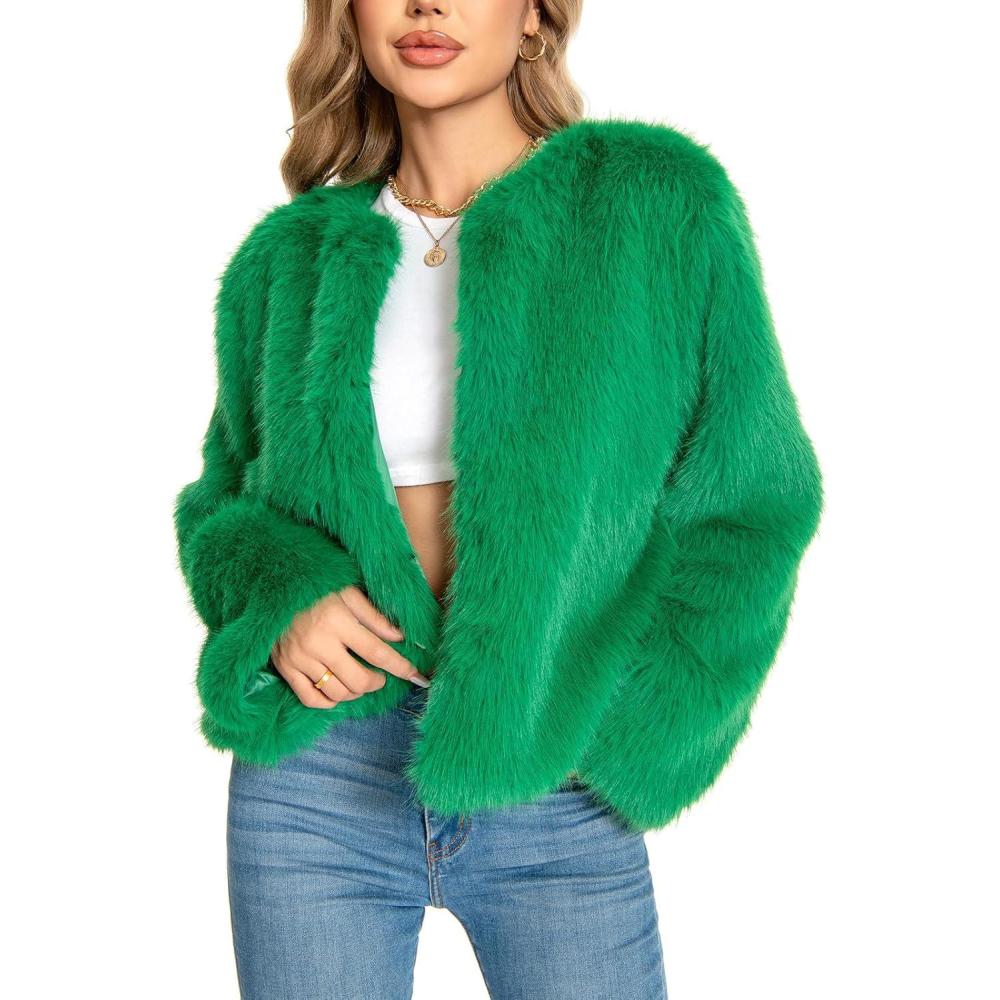 imageFur Coats For Women 2025 Plus Size Faux Fuzzy Jacket Fluffy Long Sleeve Winter Coat with PocketsGreen