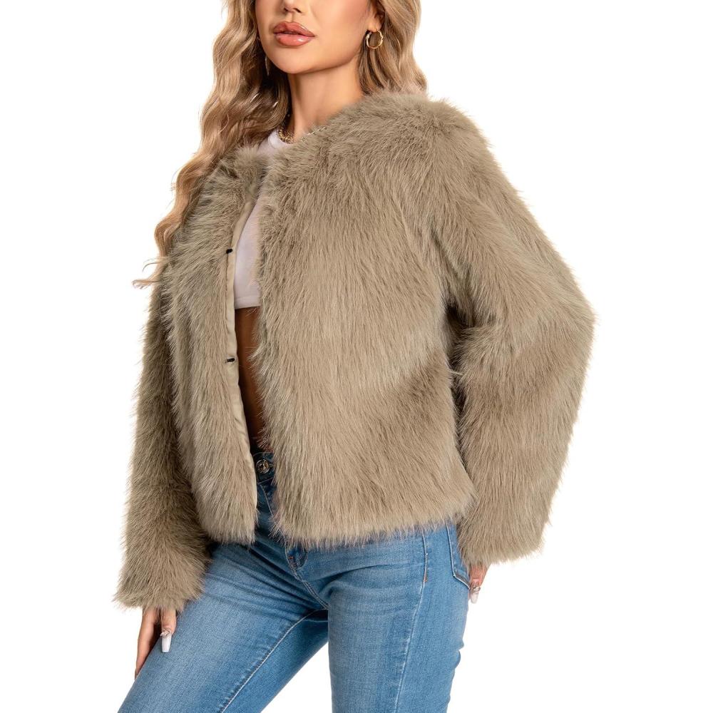 imageFur Coats For Women 2025 Plus Size Faux Fuzzy Jacket Fluffy Long Sleeve Winter Coat with PocketsKhaki