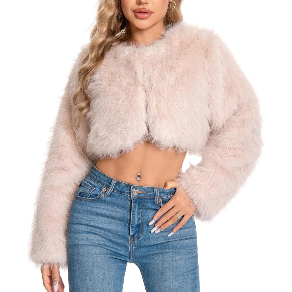 imageFur Coats For WomenPlus Size Cropped Faux Fuzzy Jacket Fluffy Fall CoatApricot