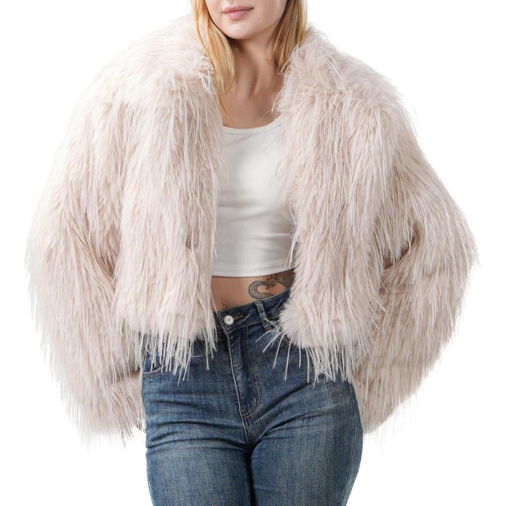imageFur Coats For WomenPlus Size Cropped Faux Fuzzy Jacket Fluffy Fall CoatApricot Tasselssuit