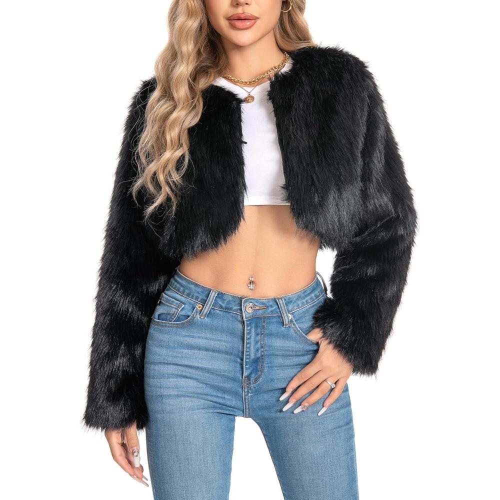 imageFur Coats For WomenPlus Size Cropped Faux Fuzzy Jacket Fluffy Fall CoatBlack