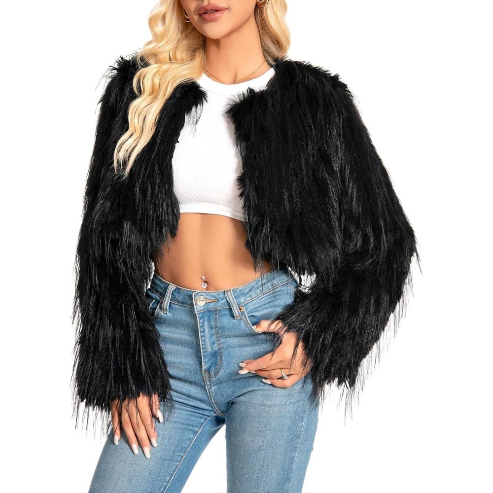 imageFur Coats For WomenPlus Size Cropped Faux Fuzzy Jacket Fluffy Fall CoatBlack Tassels