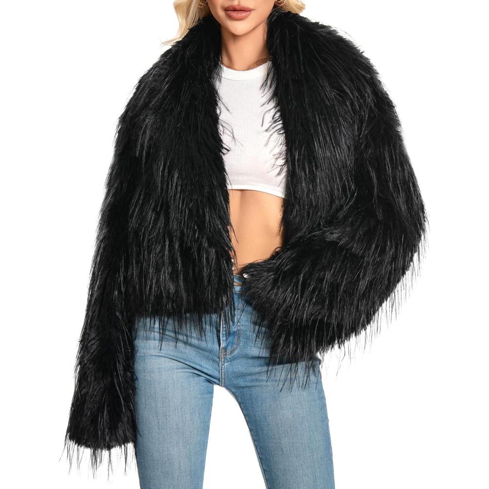 imageFur Coats For WomenPlus Size Cropped Faux Fuzzy Jacket Fluffy Fall CoatBlack Tasselssuit