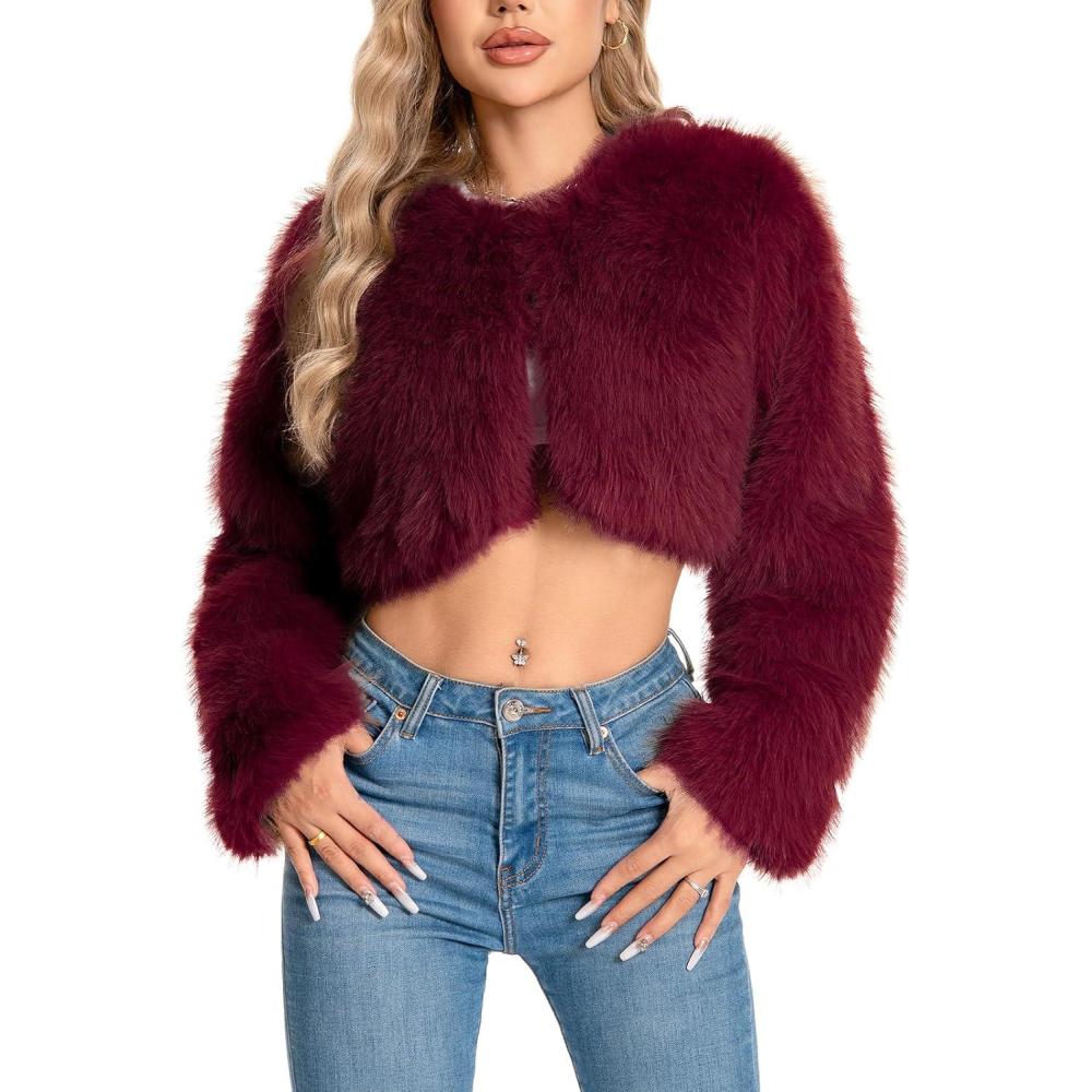 imageFur Coats For WomenPlus Size Cropped Faux Fuzzy Jacket Fluffy Fall CoatClaret