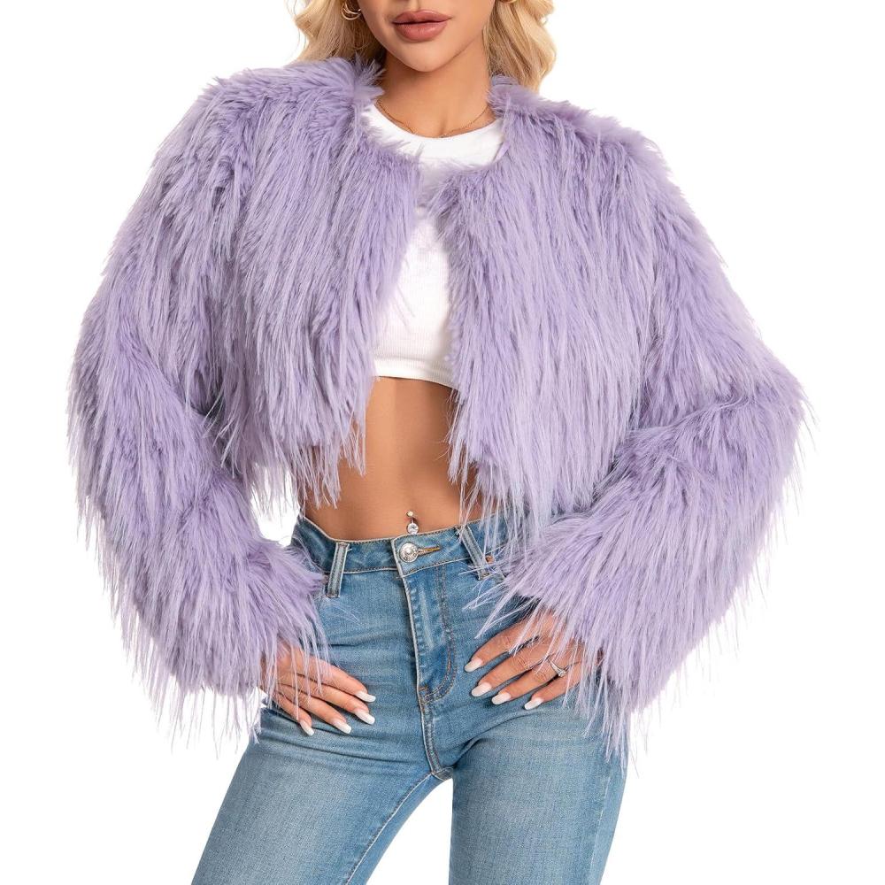 imageFur Coats For WomenPlus Size Cropped Faux Fuzzy Jacket Fluffy Fall CoatPurple Grey Tassels