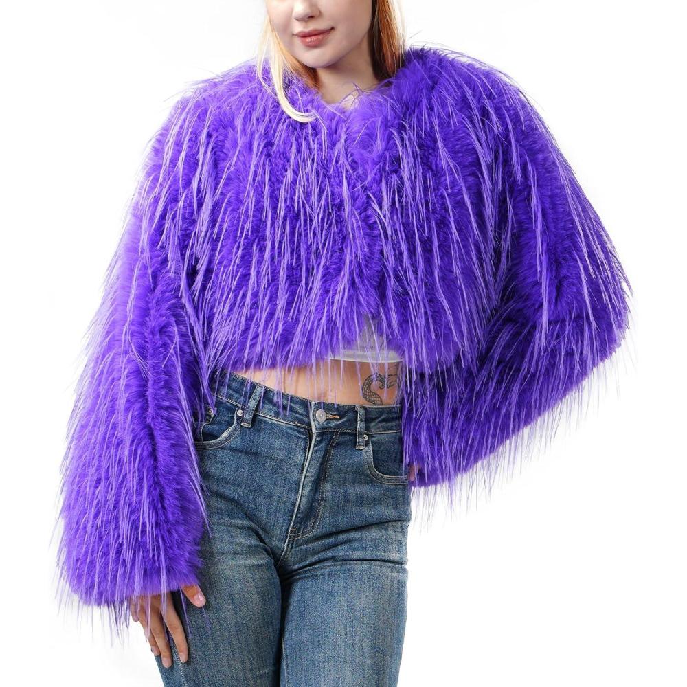 imageFur Coats For WomenPlus Size Cropped Faux Fuzzy Jacket Fluffy Fall CoatPurple Tassels