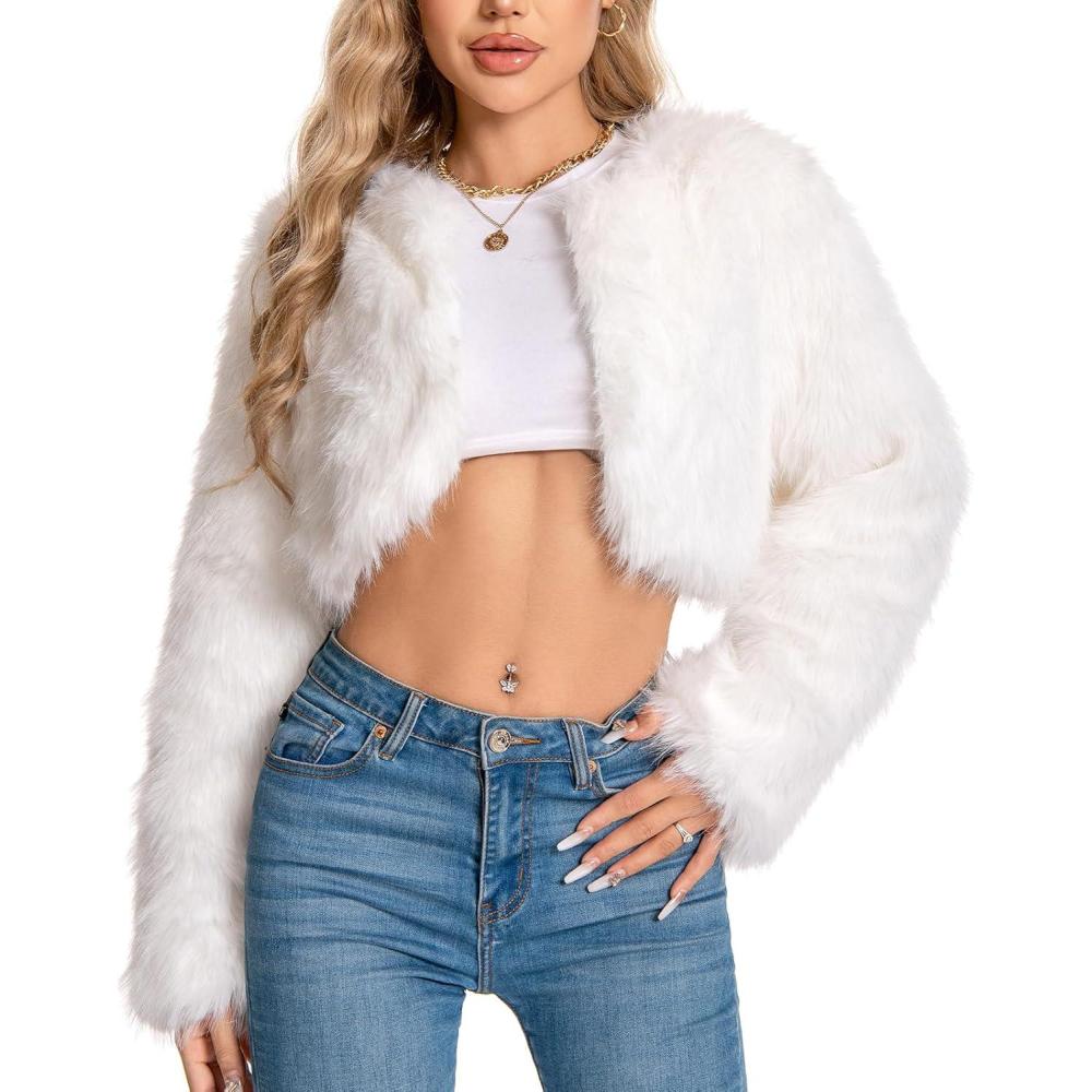 imageFur Coats For WomenPlus Size Cropped Faux Fuzzy Jacket Fluffy Fall CoatWhite