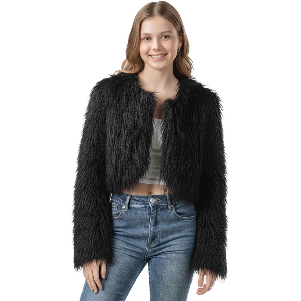 imageFur Coats For WomenPlus Size Cropped Mongolian Faux Fuzzy Jacket Fluffy Fall CoatBlack