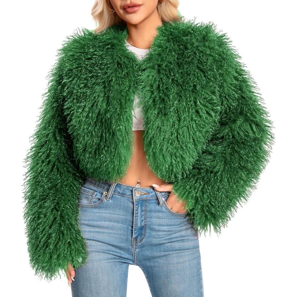 imageFur Coats For WomenPlus Size Cropped Mongolian Faux Fuzzy Jacket Fluffy Fall CoatGreen