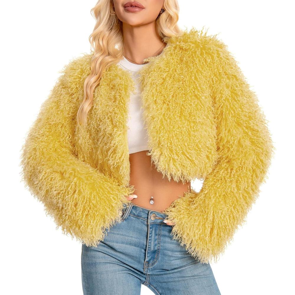 imageFur Coats For WomenPlus Size Cropped Mongolian Faux Fuzzy Jacket Fluffy Fall CoatYellow