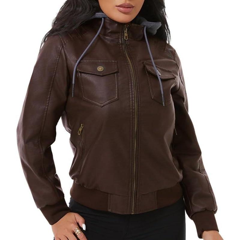 imageGGleaf Womens Faux Leather Jacket Waterproof Motorcycle Bomber Jacket Vintage PU Moto Biker CoatCoffee