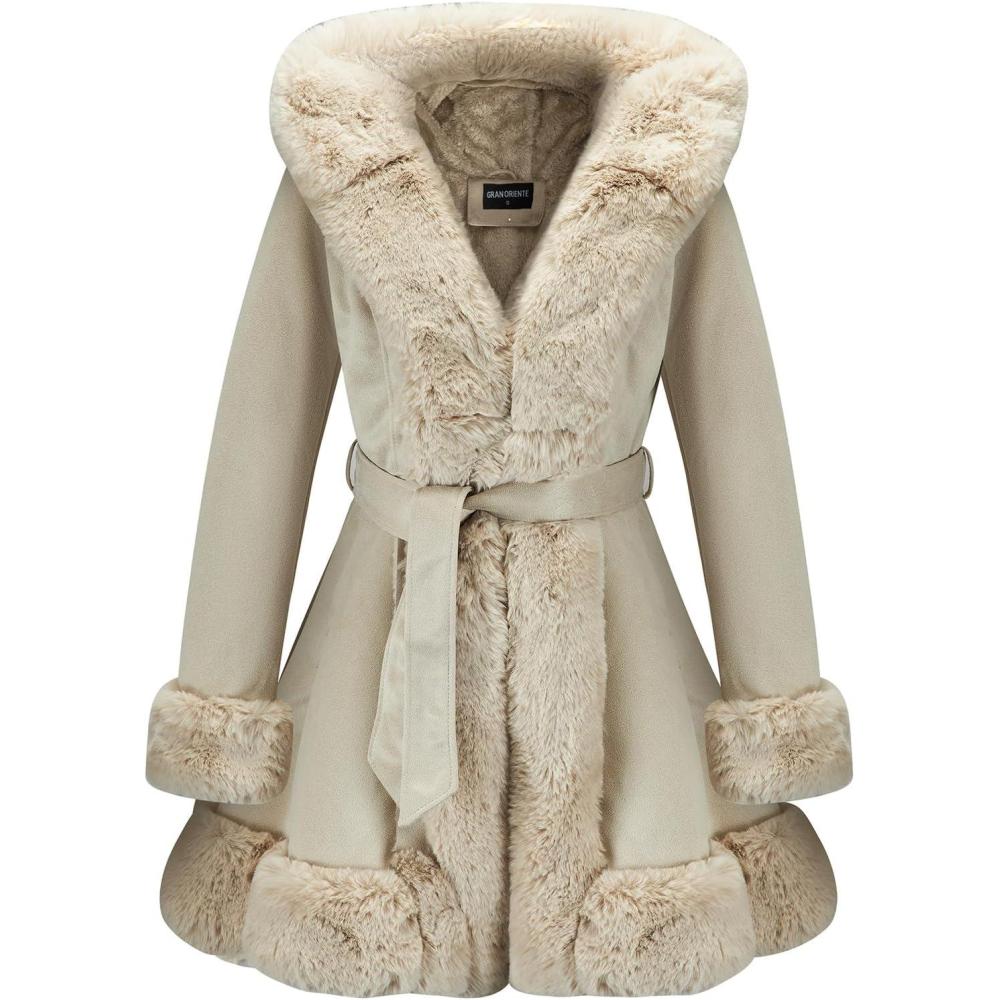 imageGRAN ORIENTE Suede Jacket for Women with Faux Fur CollarLong Sleeve Warm Winter Parka Coat with Belt OuterwearBeige
