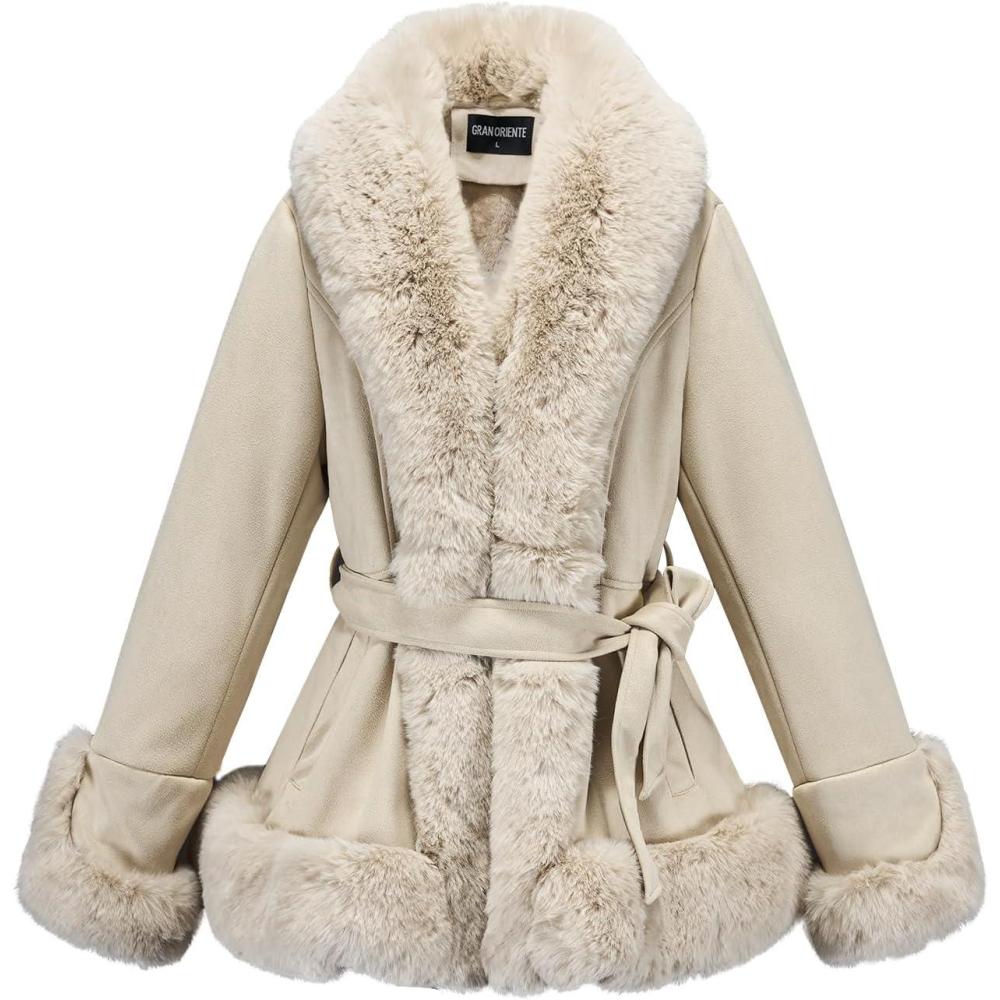 imageGRAN ORIENTE Suede Jacket for Women with Faux Fur CollarLong Sleeve Warm Winter Parka Coat with Belt OuterwearBeige Short