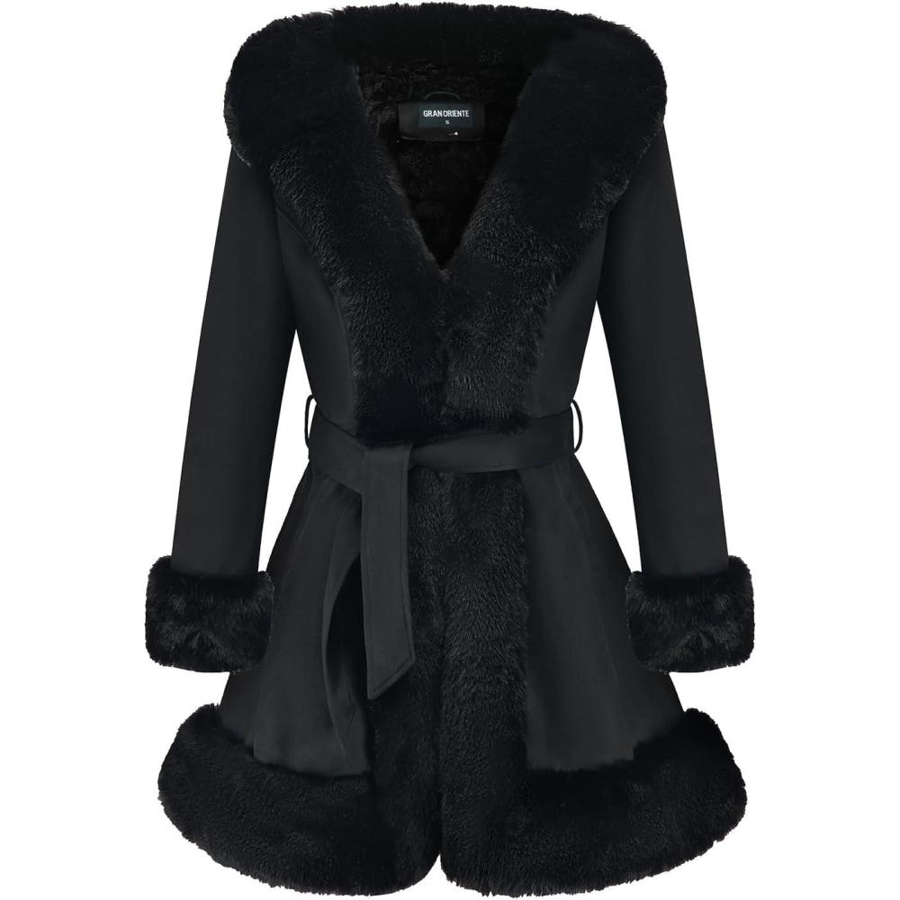 imageGRAN ORIENTE Suede Jacket for Women with Faux Fur CollarLong Sleeve Warm Winter Parka Coat with Belt OuterwearBlack