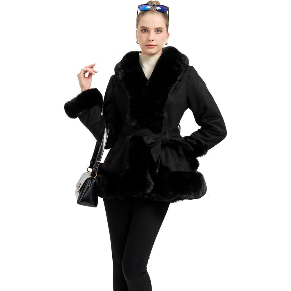 imageGRAN ORIENTE Suede Jacket for Women with Faux Fur CollarLong Sleeve Warm Winter Parka Coat with Belt OuterwearBlack Short