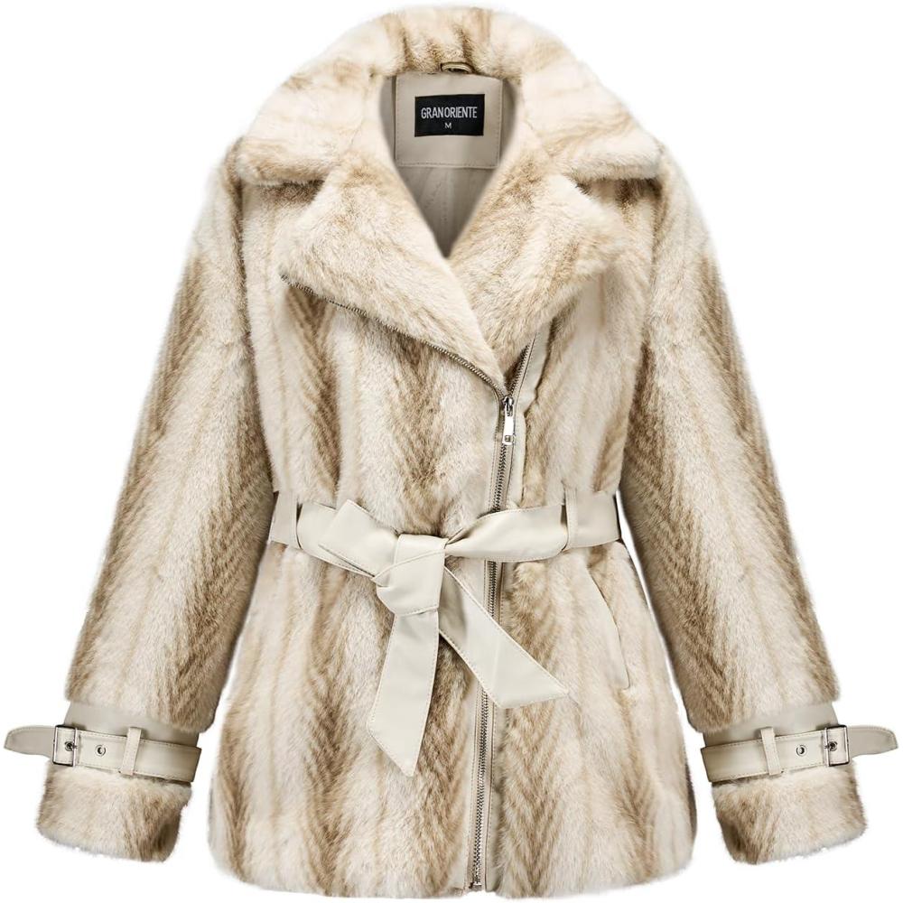 imageGRAN ORIENTE Womens Belted Winter Faux Fur Coats Cropped Fuzzy Cuff Furry Zipper Up Warm Jackets OutwearBeige Belted