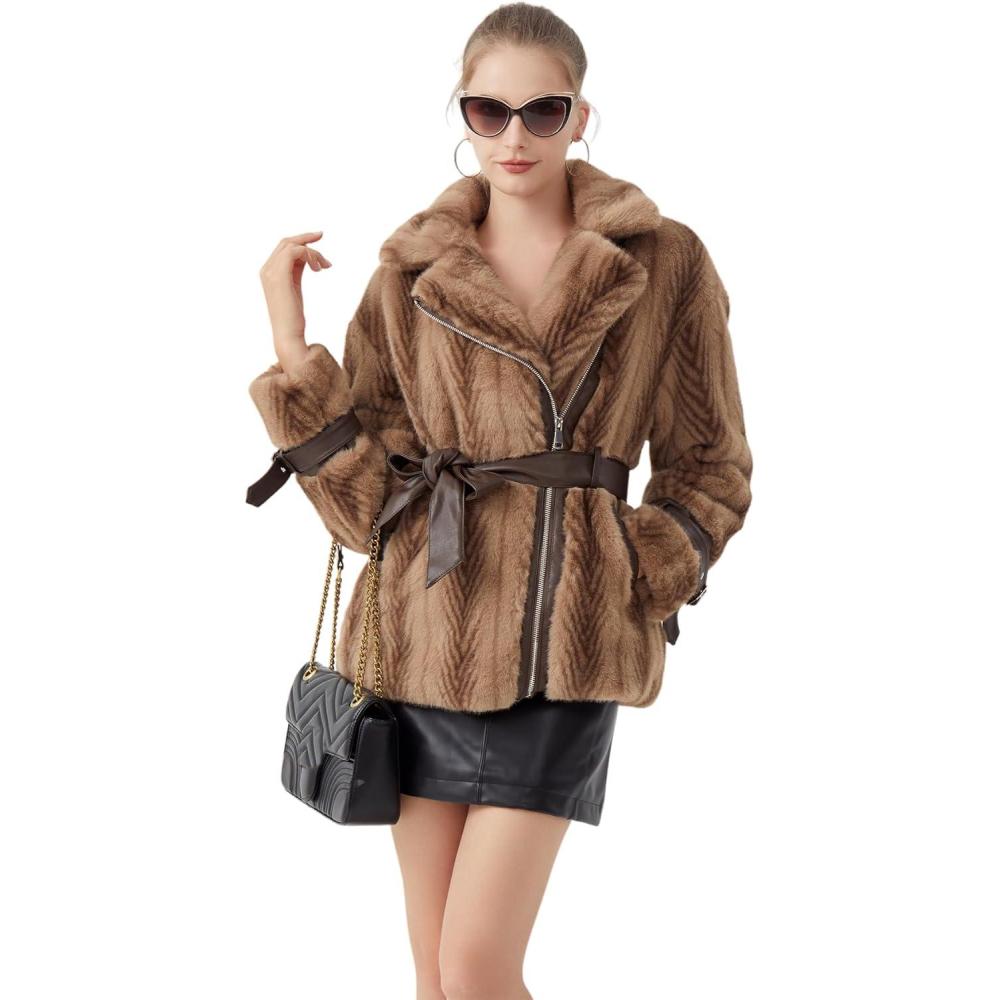imageGRAN ORIENTE Womens Belted Winter Faux Fur Coats Cropped Fuzzy Cuff Furry Zipper Up Warm Jackets OutwearCamel Belted