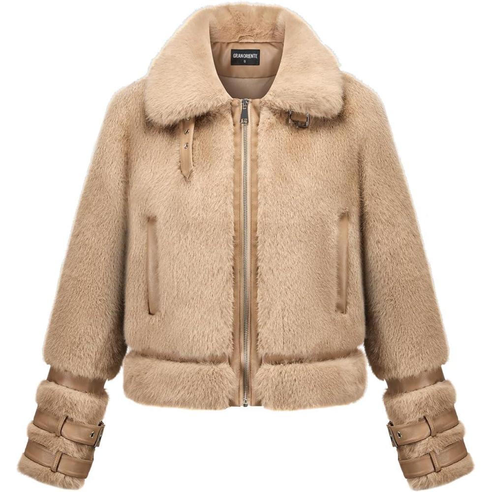imageGRAN ORIENTE Womens Belted Winter Faux Fur Coats Cropped Fuzzy Cuff Furry Zipper Up Warm Jackets OutwearKhaki