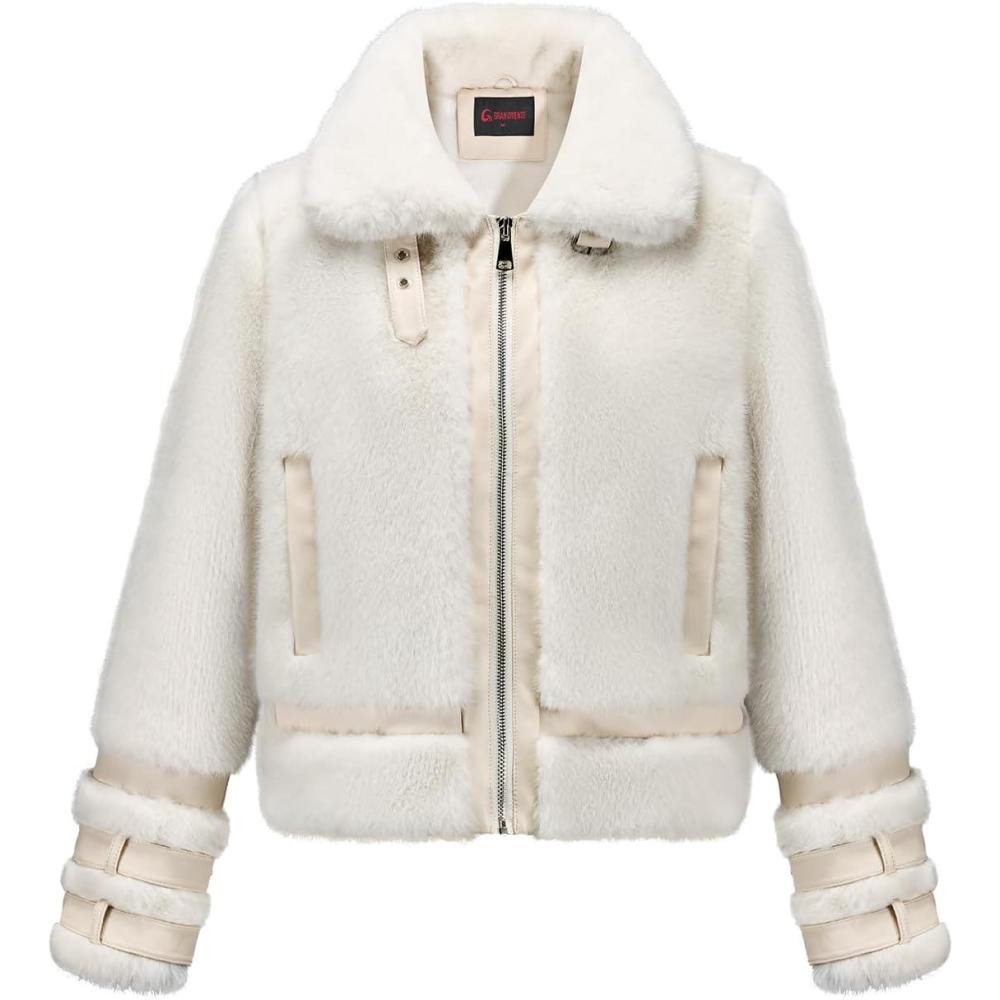 imageGRAN ORIENTE Womens Belted Winter Faux Fur Coats Cropped Fuzzy Cuff Furry Zipper Up Warm Jackets OutwearWhite