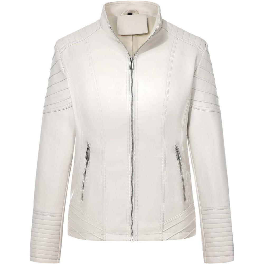 imageGeschallino Womens Faux Leather Jacket Plus Size Fall Motorcycle Biker Clothes Outfits Short Fashion PU Coat 1X5XBeige